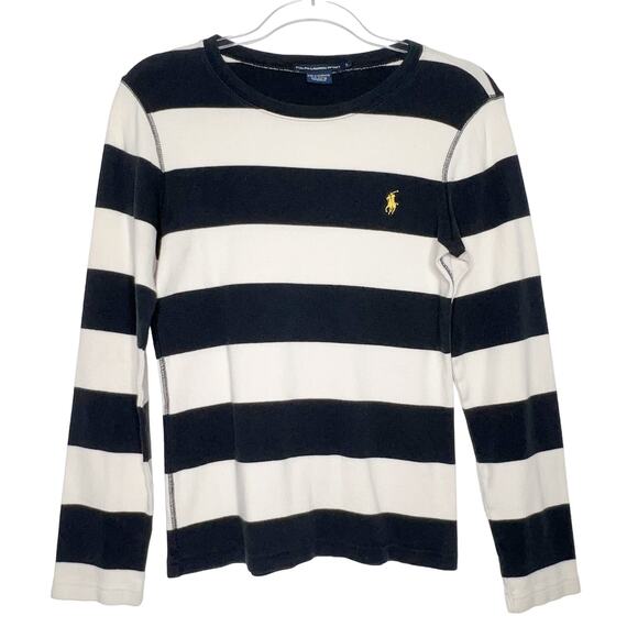 RALPH LAUREN SPORT Kids Striped T-Shirt Scoop Neck Pullover Black White Size L - Picture 1 of 7